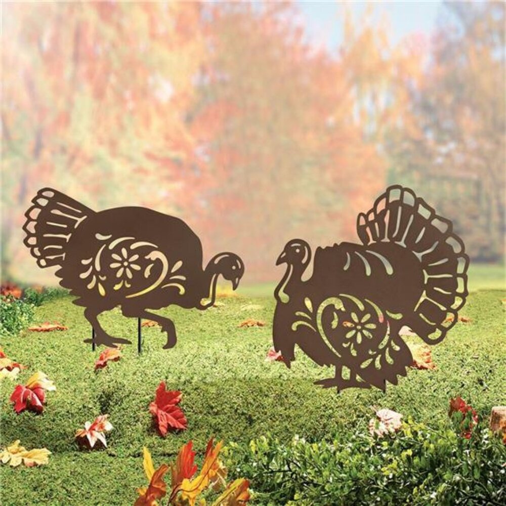 Metal Turkey Garden Stakes Set of 2 Outdoor Thanksgiving Yard Decor Rusty